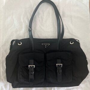 PRADA nylon tote bag BR3257, black w/leather straps, lightweight.